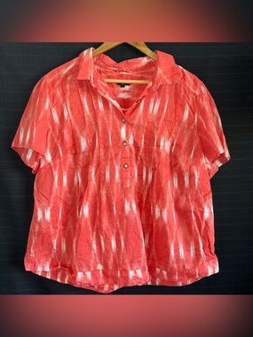 Talbots women plus coral short sleeve 1/4 button up blouse shirt 1X Lightweight